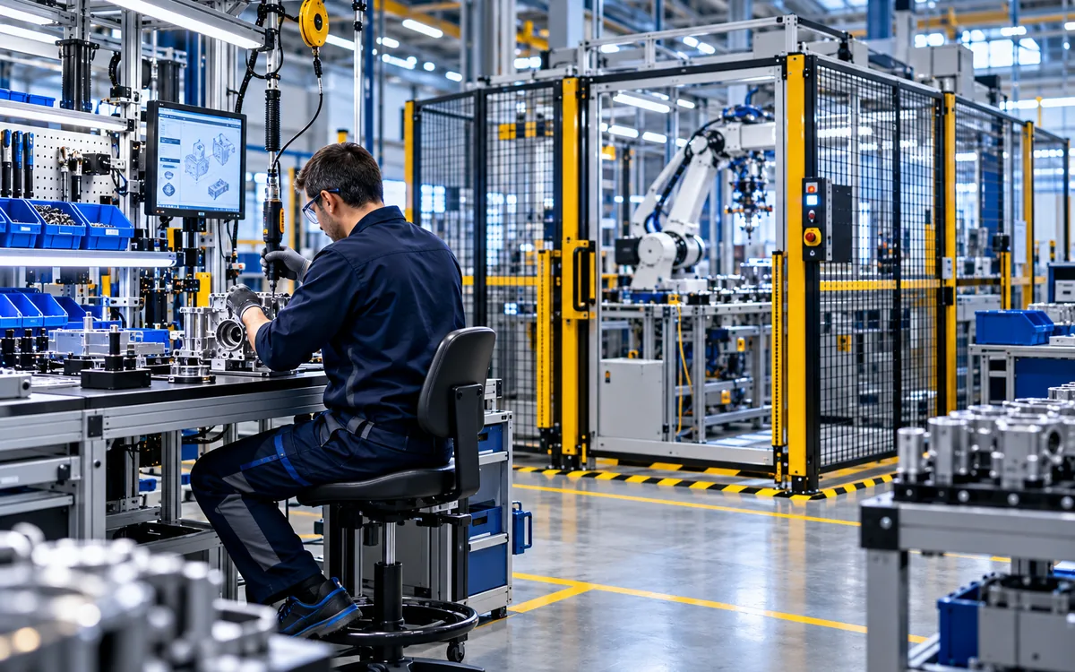 Opérateur sur un poste d’assemblage manuel ergonomique, devant une cellule robotisée fermée par des protections